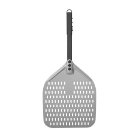 Łopata do pizzy z perforacją i krótką rączką, kwadratowa z twardego anodowanego aluminium, 305x660mm