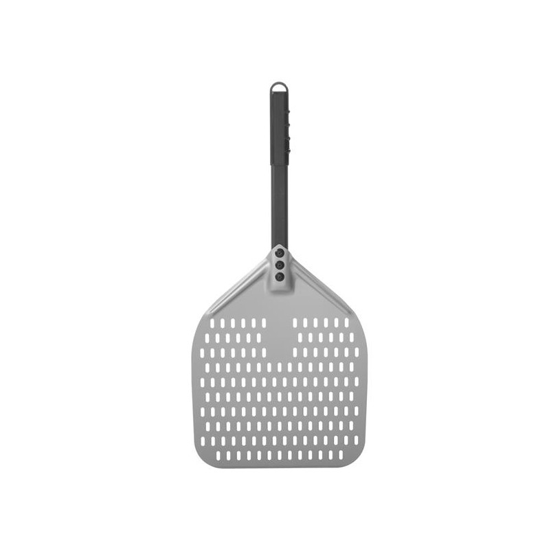 Łopata do pizzy z perforacją i krótką rączką, kwadratowa z twardego anodowanego aluminium, 305x660mm Łopata do pizzy z perforacją i krótką rączką, kwadratowa z twardego anodowanego aluminium, 305x660mm